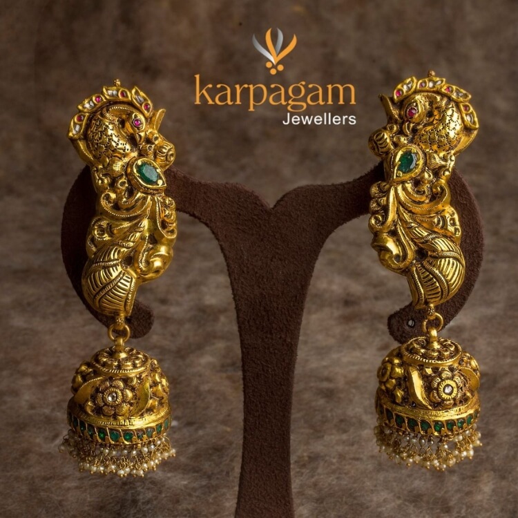 Shop Stunning Antique Peacock Jhumka Earrings by Karpagam Jewellers ...